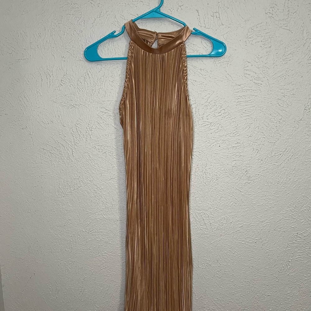 SHEIN Tan Pleated Halter Sheath Dress